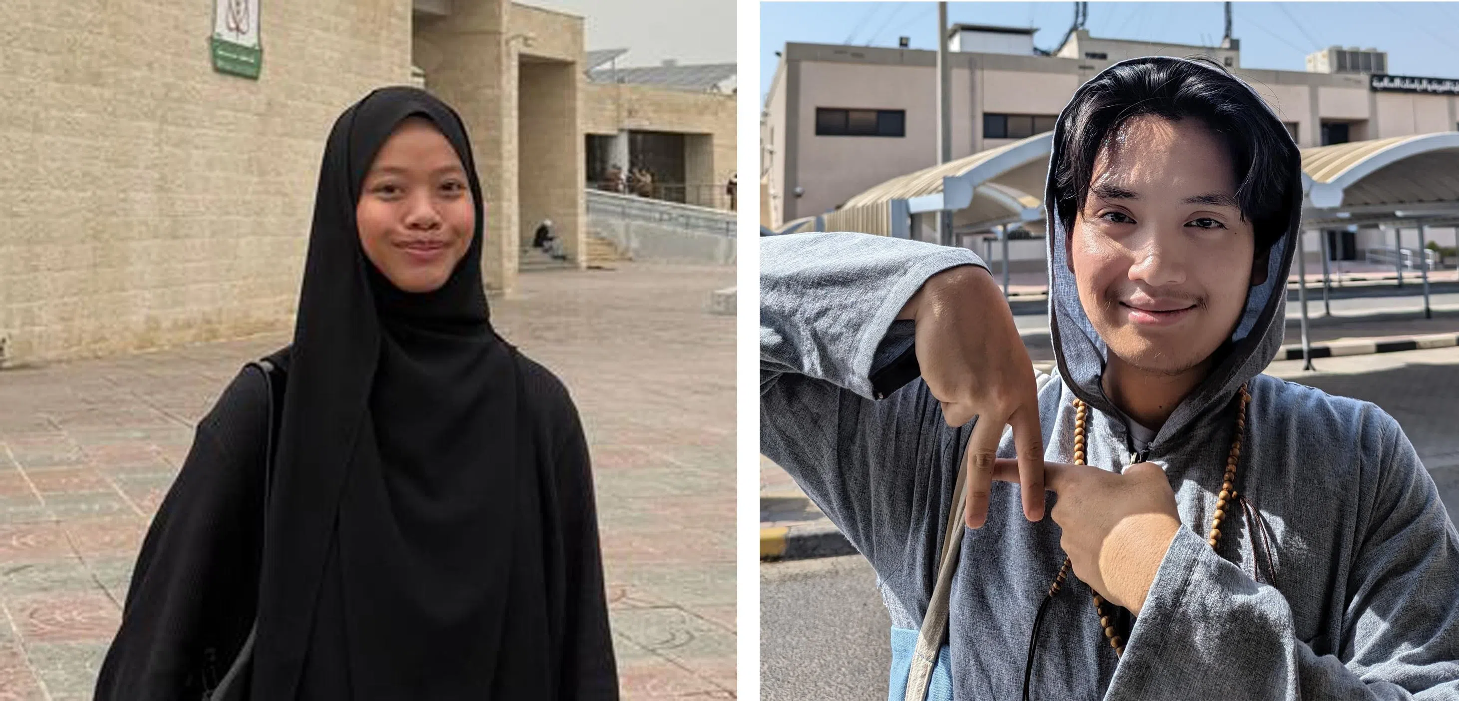 约旦雅尔穆克大学大三学生法蒂玛（左）和在科威特求学的贾比尔目前都不打算撤离中东，他们会等待我国外交部的指示。（受访者提供）