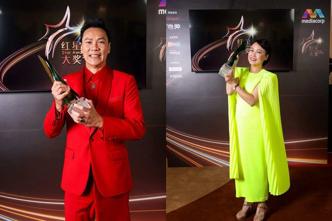 黄炯耀（左）与向云（右）分别夺下红星大奖2023最佳男女配角。（新传媒提供）