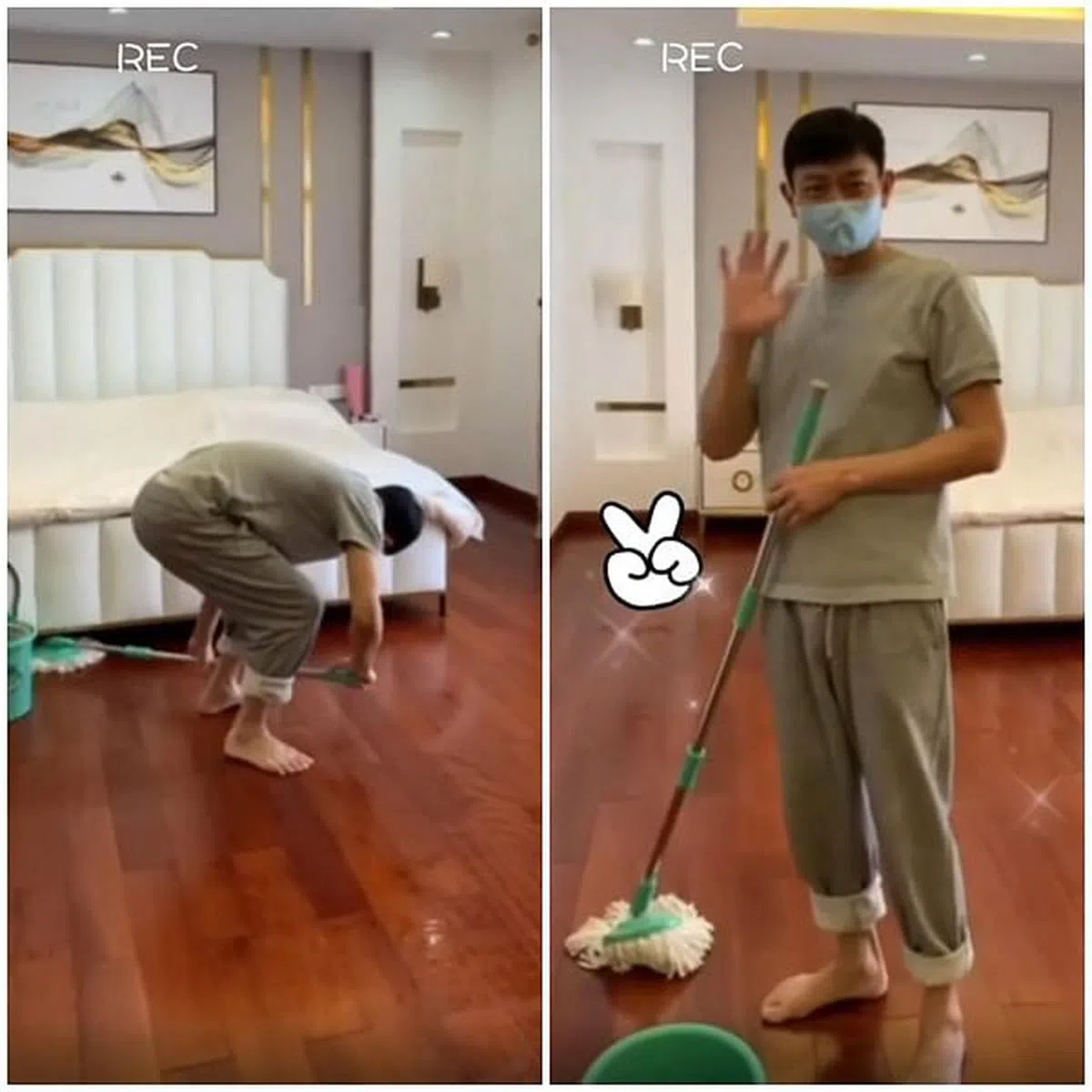 刘德华认真拖完地后，对成果流露出满意的样子。（视频截图）