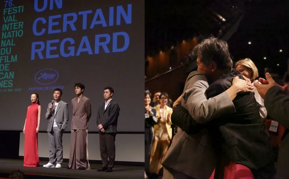 陈哲艺新作《燃冬》在康城影展首映，周冬雨（左图左起）、陈哲艺、刘昊然和制片人谢萌亮相首映会，台下观众包括日本导演是枝裕和（右图右），他给陈哲艺一个拥抱。（长景路电影工作室提供）