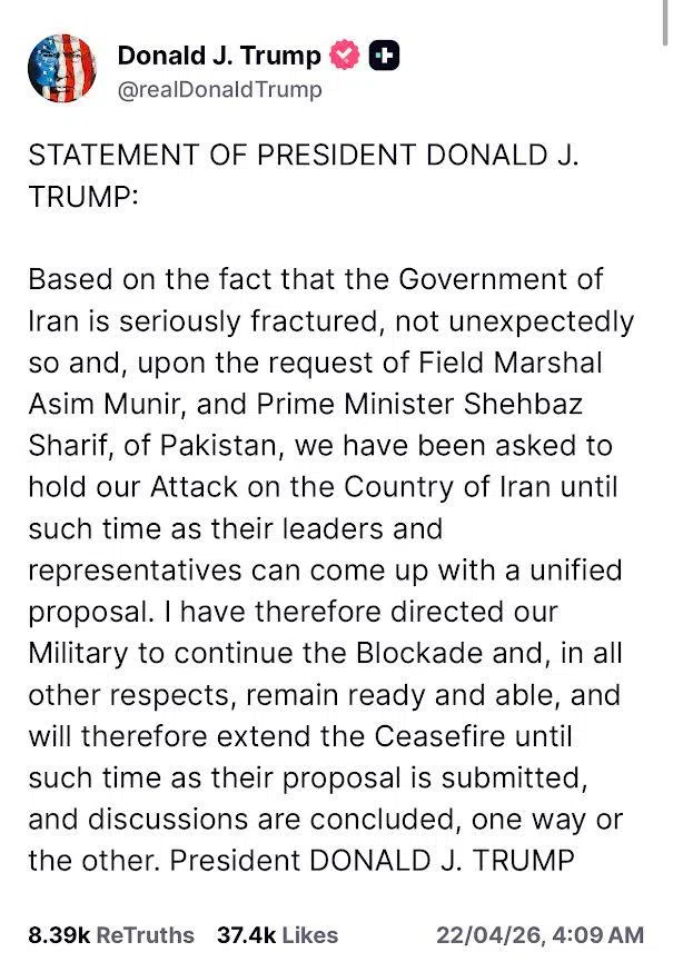 特朗普发文宣布，同意将停火期限延长至伊朗方面提交“统一方案”为止，同时指示美军继续实施海上封锁并保持战备状态。（取自特朗普的社媒平台Truth Social）