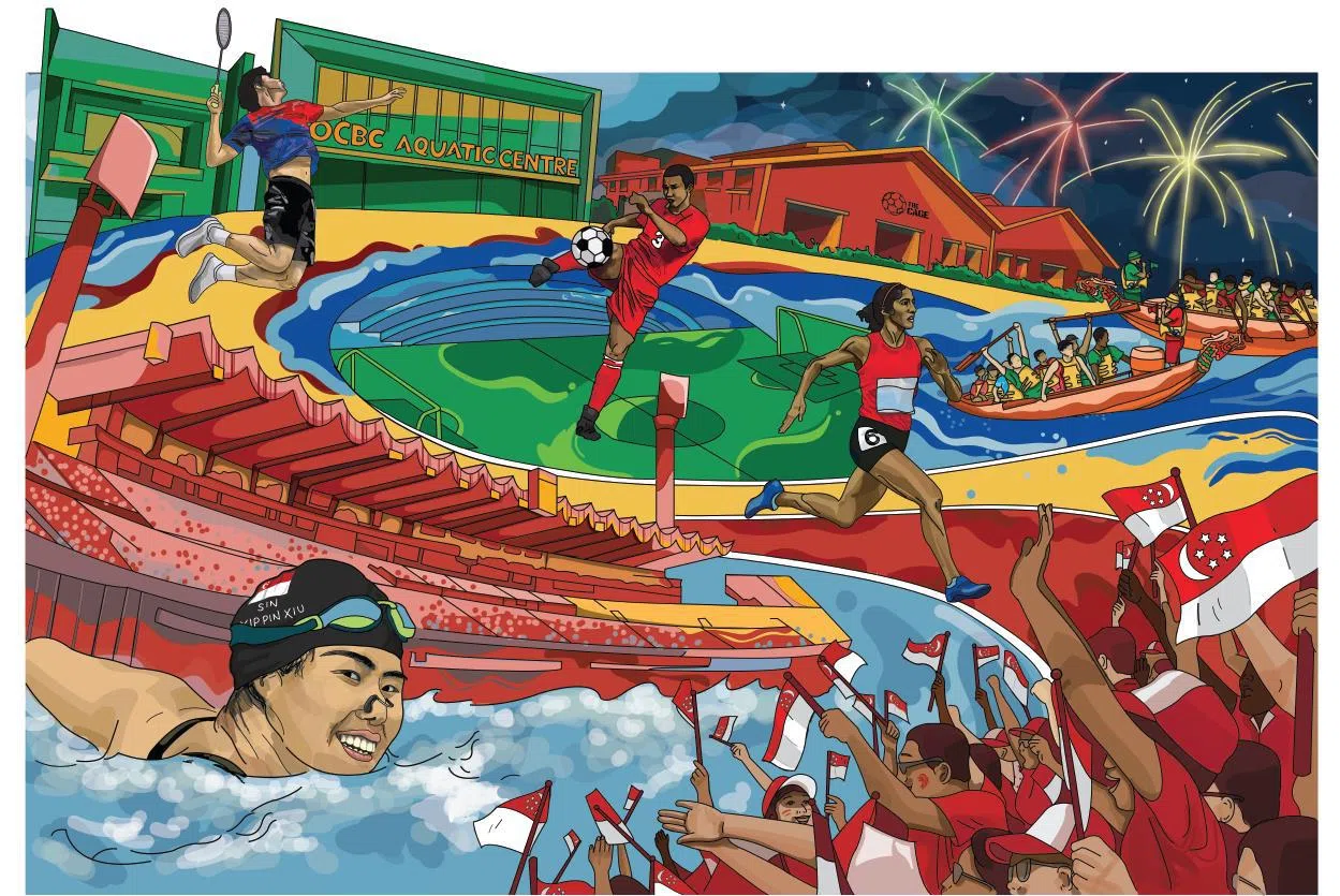 体育场地铁站的“漫画联系”壁画描绘本地著名的体育设施和各种活动，以及新加坡过去和正在冒起的运动员。（SMRT提供）