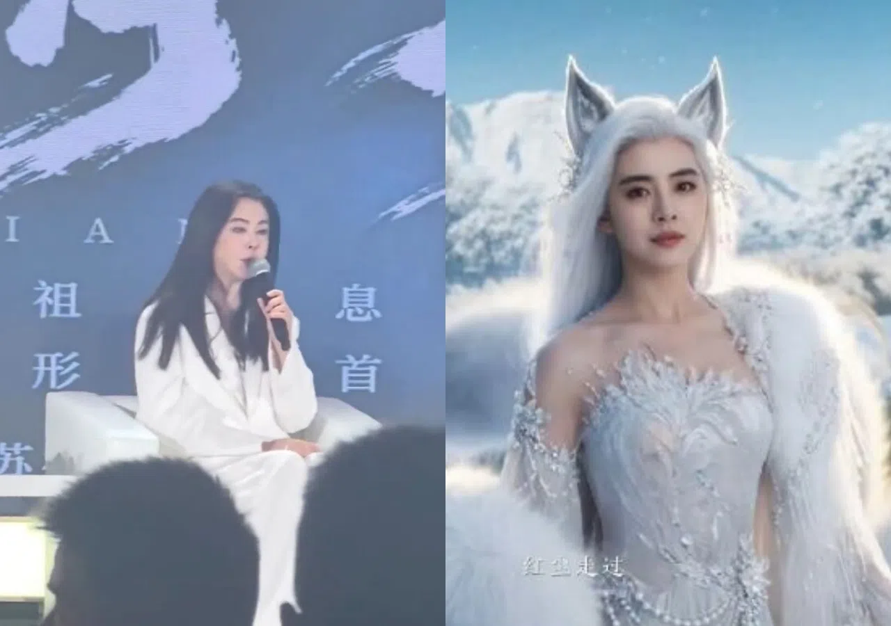 王祖贤现身广州活动（左图），亲回授权AI肖像的争议。右图为王祖贤在游戏《倩影》里的狐仙扮相。（互联网）