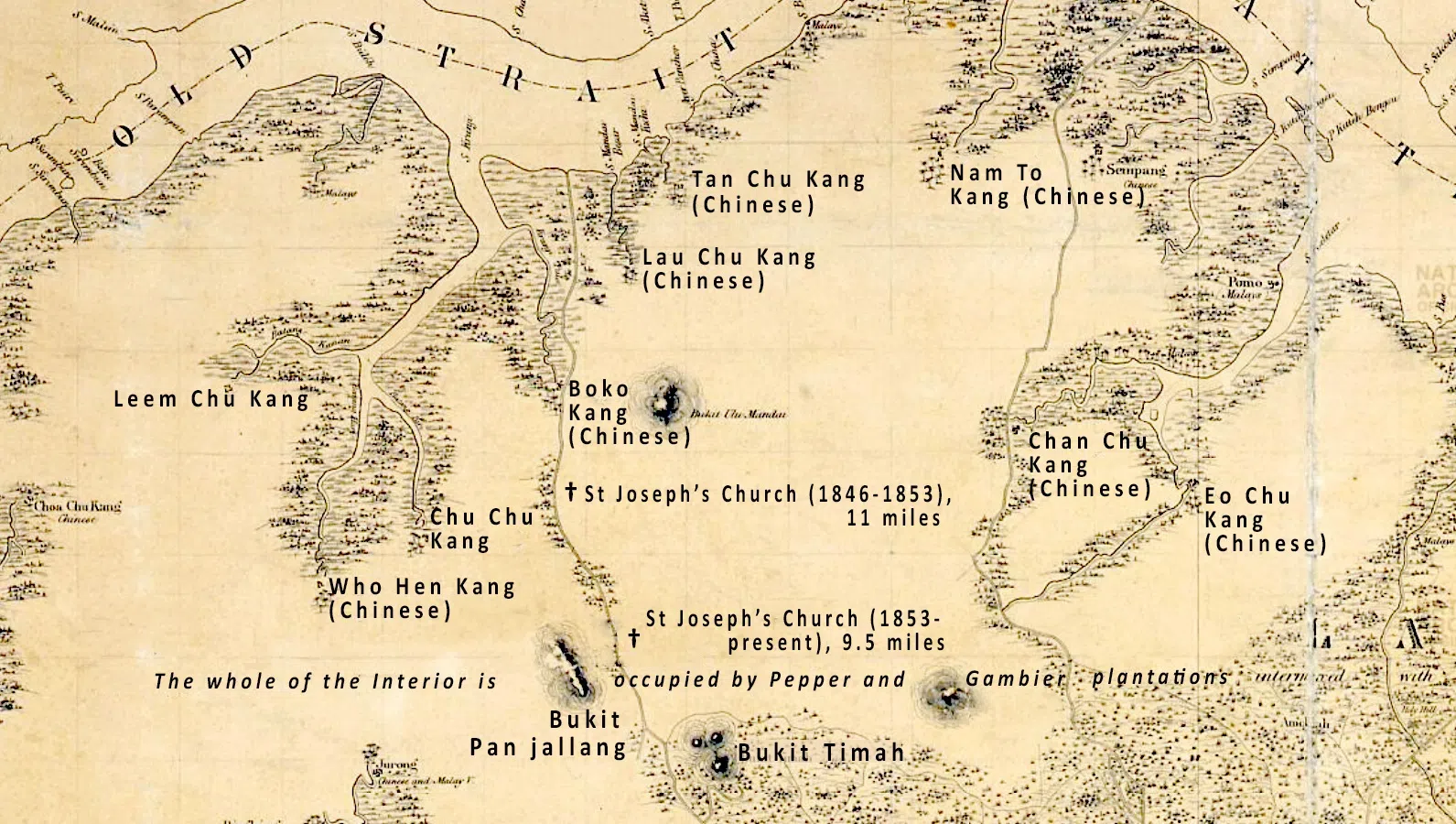 1852年新加坡地图西北区加标示。（新加坡档案馆图片）