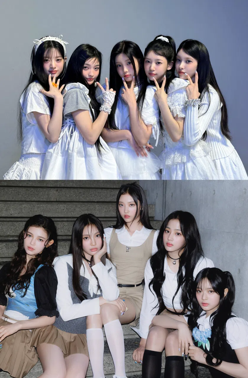 闵熙珍称3月25日出道的ILLIT（上图）和NewJeans的风格雷同，有抄袭嫌疑。（取自ILLIT和NewJeans X）