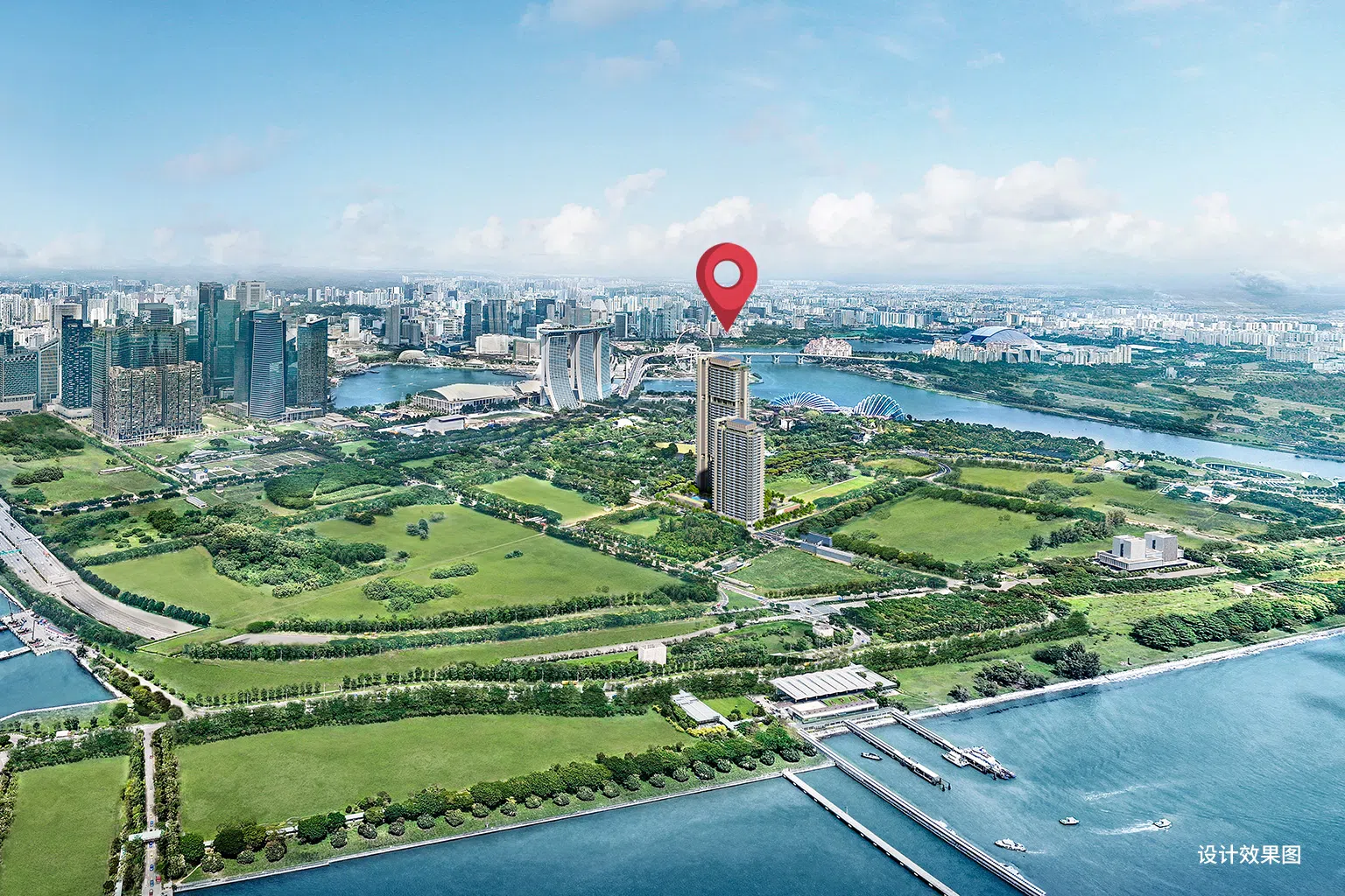 政府将滨海南区打造为一个10分钟步行生活圈，而滨海花园一号（标示点）将坐享这个计划的所有便利。（设计效果图/鑫丰地产提供）