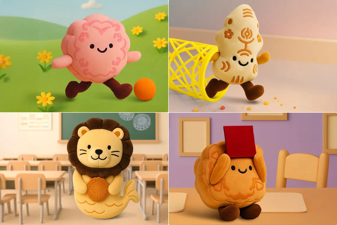 美珍香以一首朗朗上口的中秋宣传曲，介绍了团圆小萌怪Moonsters成员（从左上角顺时针起）羞蛋、屁屁、肉肉和莱欧。（图／美珍香提供）