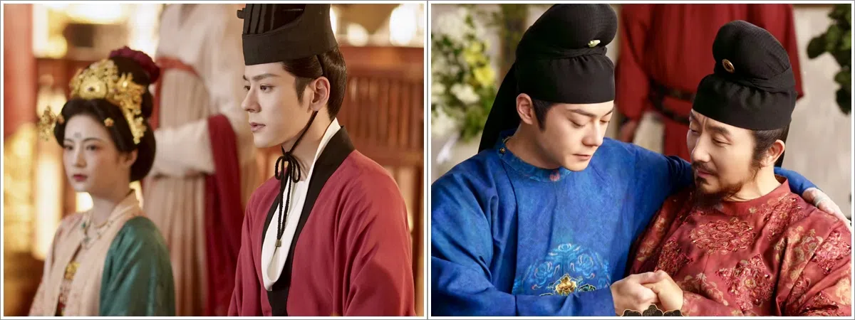 刘畅（魏哲鸣饰，左图右）已娶宁王女儿李幼贞（张雅钦饰，左图左），但仍对何惟芳不死心。右图为圣人（曲哲明饰，左）和野心勃勃的宁王（涂松岩饰）。（取自剧集微博）