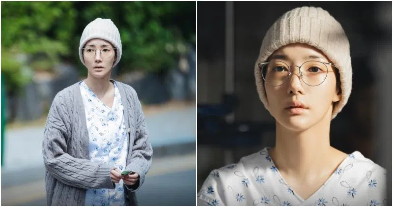 朴敏英在剧中穿上病人服戴绒帽，脸颊瘦削，显露病态。（互联网）