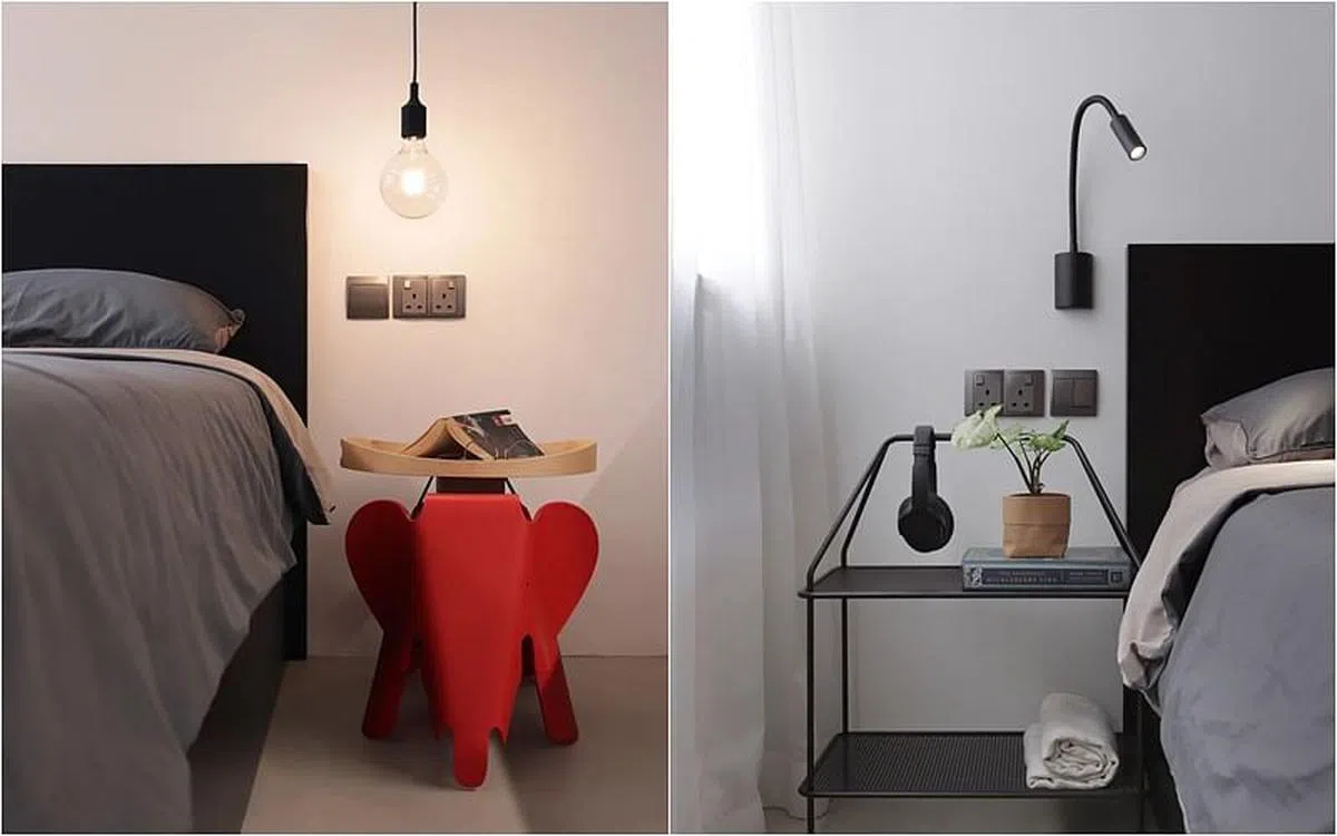 （左图）主卧室的小红象原本是孩子用的凳子。（右图）床头边的小桌子是女主人收藏的宜家限量版杂志架。（Anomaly提供图片）