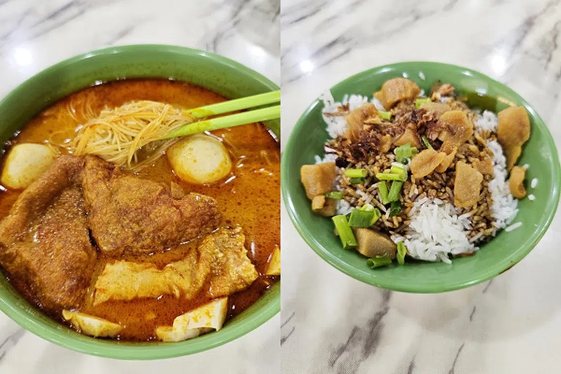 马六甲咖喱叻沙（左）和猪油渣捞饭，各有千秋。（黄亿敏摄）