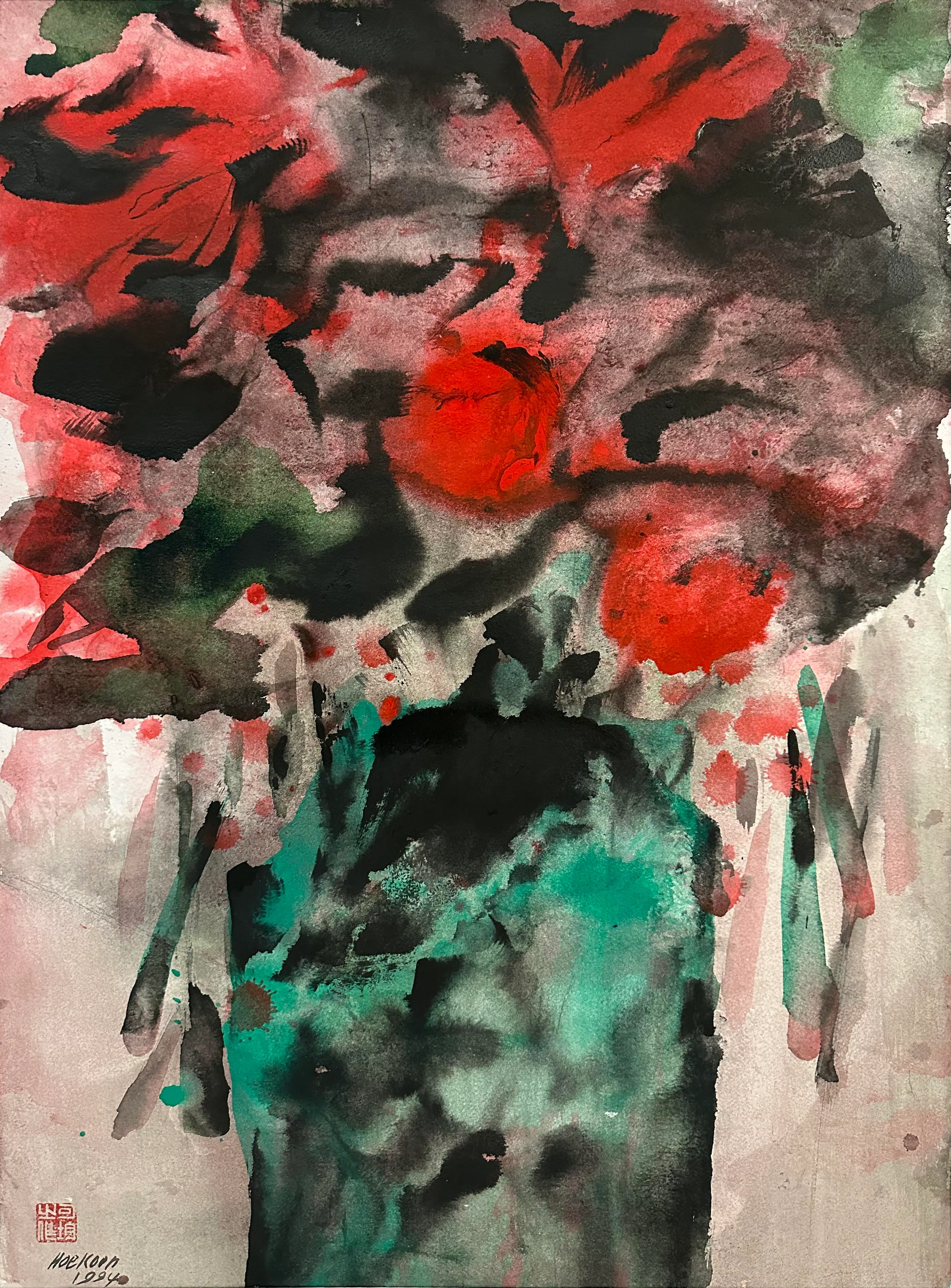 杨可均纸本彩墨画《富贵花开》（1994）。（海卉艺苑提供）