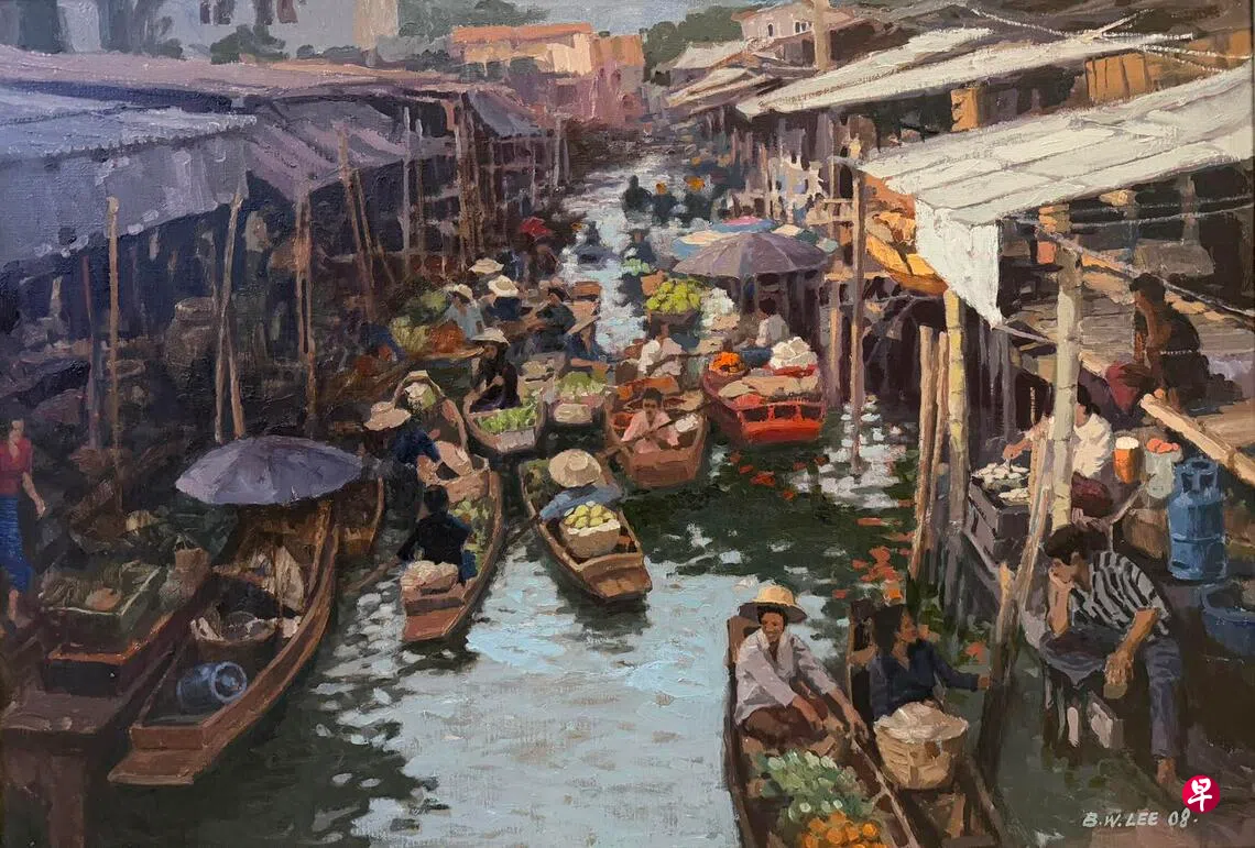 李文苑油画《泰国水上市场 》（62x91厘米，2008）有烟火气。 （海卉画廊提供）