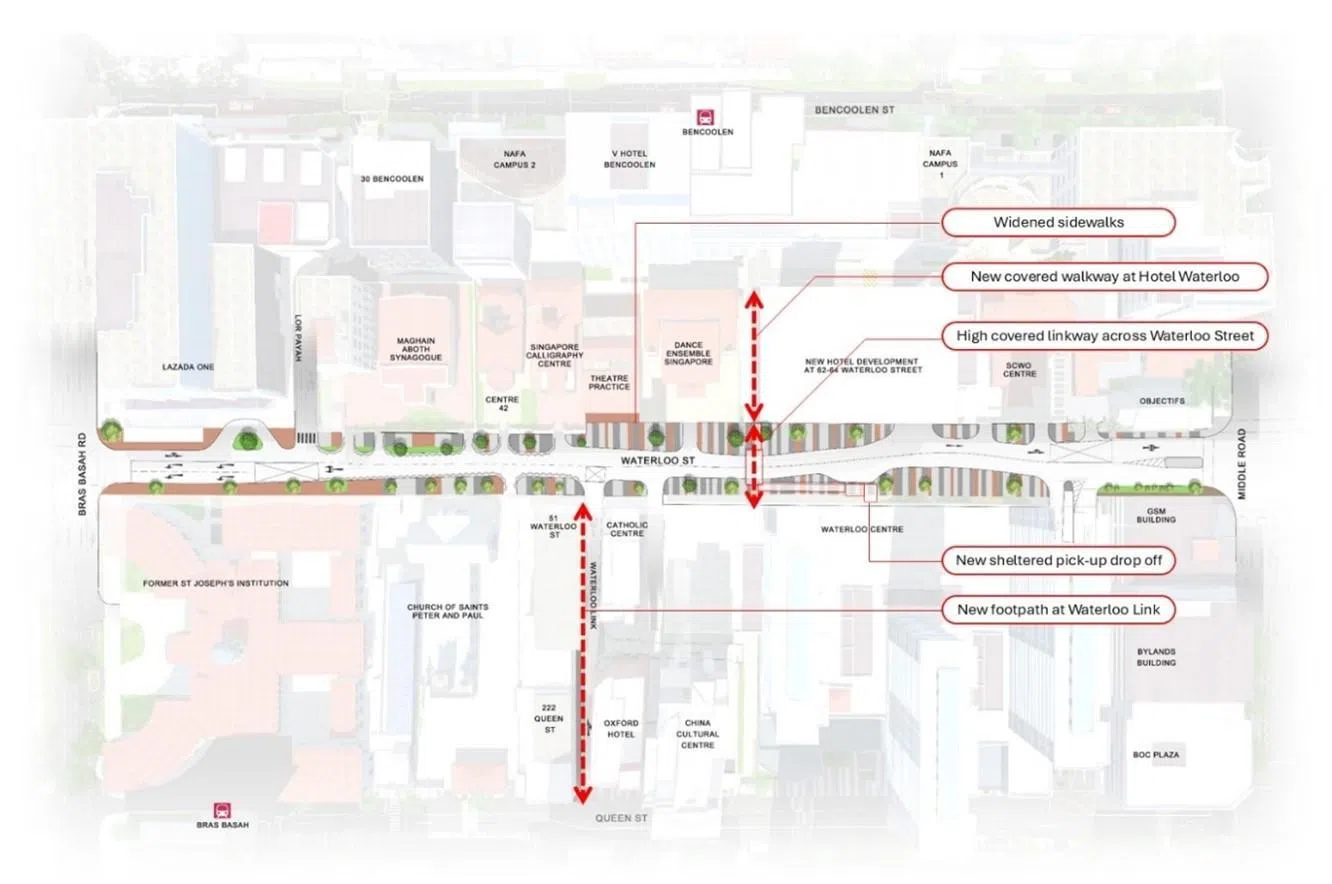 滑铁卢连路将增设新的人行道，滑铁卢街也会建造有盖走道，方便行人步行往来滑铁卢街、明古连街和奎因街一带，以及前往百胜地铁站。（市区重建局提供）