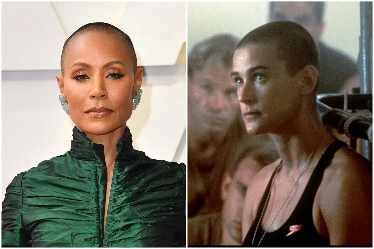 Jada Pinkett Smith的平头（左图），被拿来跟Demi Moore片中的光头相提并论。（法新社）