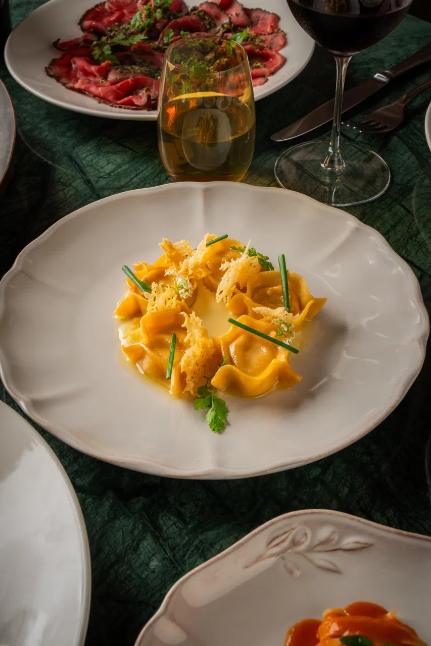 Basket Tortelli意式饺子的馅料由mortadella意式香肠、帕尔玛火腿、猪里脊和帕尔玛芝士调制而成。（餐馆提供）