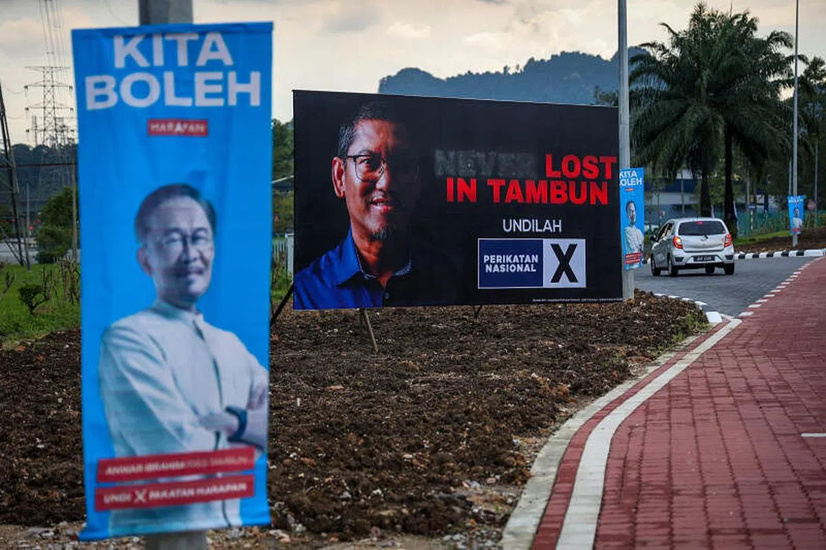霹雳州焦点选区打扪掀起海报战，国盟候选人阿末法依沙的肖像看板写着“Never Lost In Tambun”（不曾消失于打扪），一语双关也寓意“不会输掉打扪”。11月16日，这个看板已遭人破坏，被涂掉“Never”（不曾）字眼，另一位打扪国席候选人安华的海报则四处可见。（叶振忠摄）