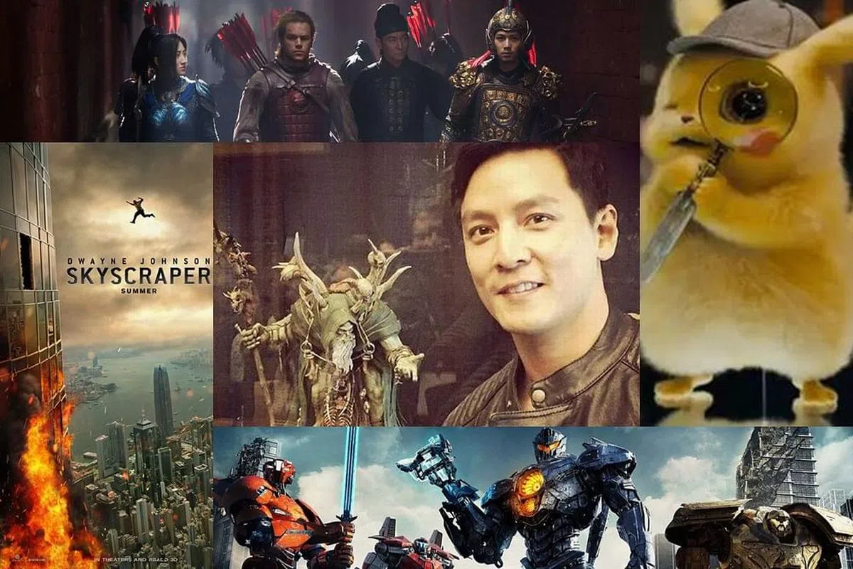  传奇影业投资制作了多部特效大片：《长城》（上）、《摩天大楼》（左）、《魔兽》（中）、《环太平洋2：起义时刻》（下）、《Pokemon神探皮卡丘》。（剧照）