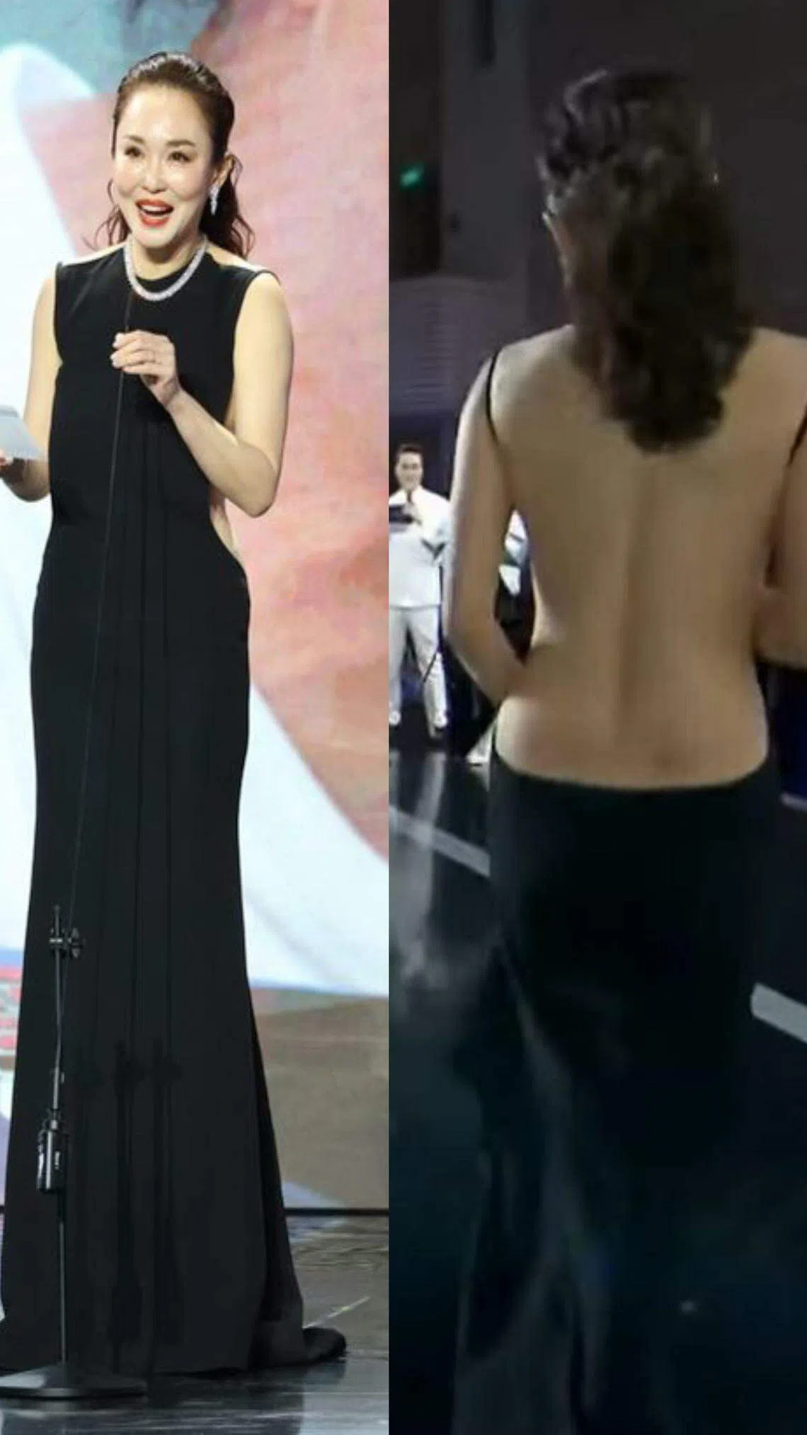 范文芳超低的露背礼服快到股沟位置。（新传媒提供（右图截自直播视频））