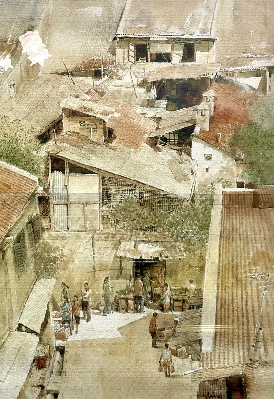 凌运凰水彩画《邻里人家》。（画廊提供）