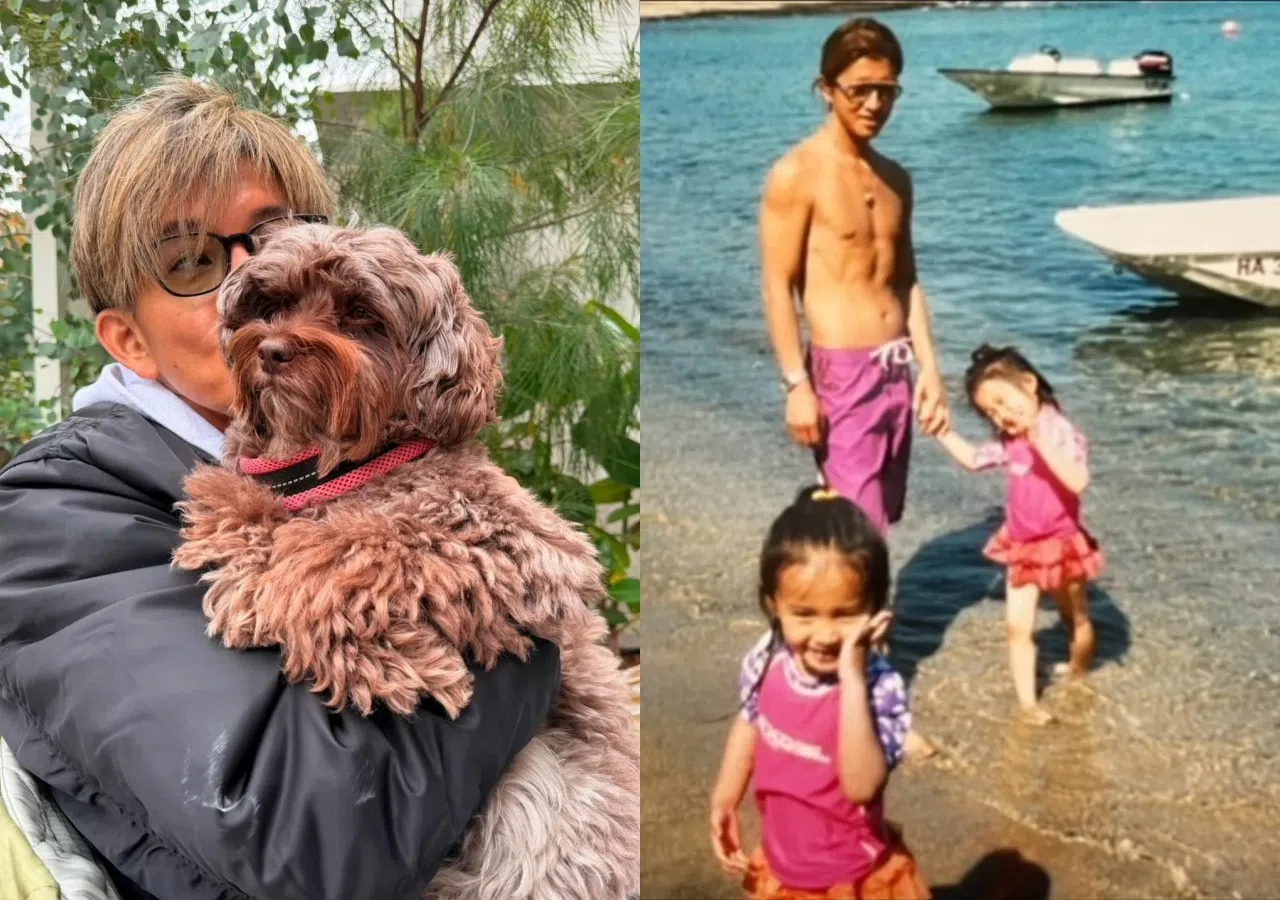 木村生日当天秀遛狗照（左图），两个女儿则上载童年和爸爸的合照。（互联网）