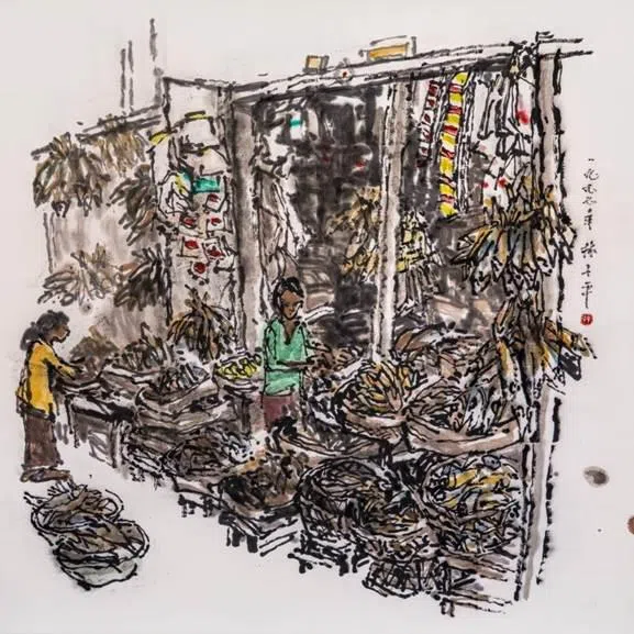 林子平水墨画《市集》（1977）。（主办方提供）