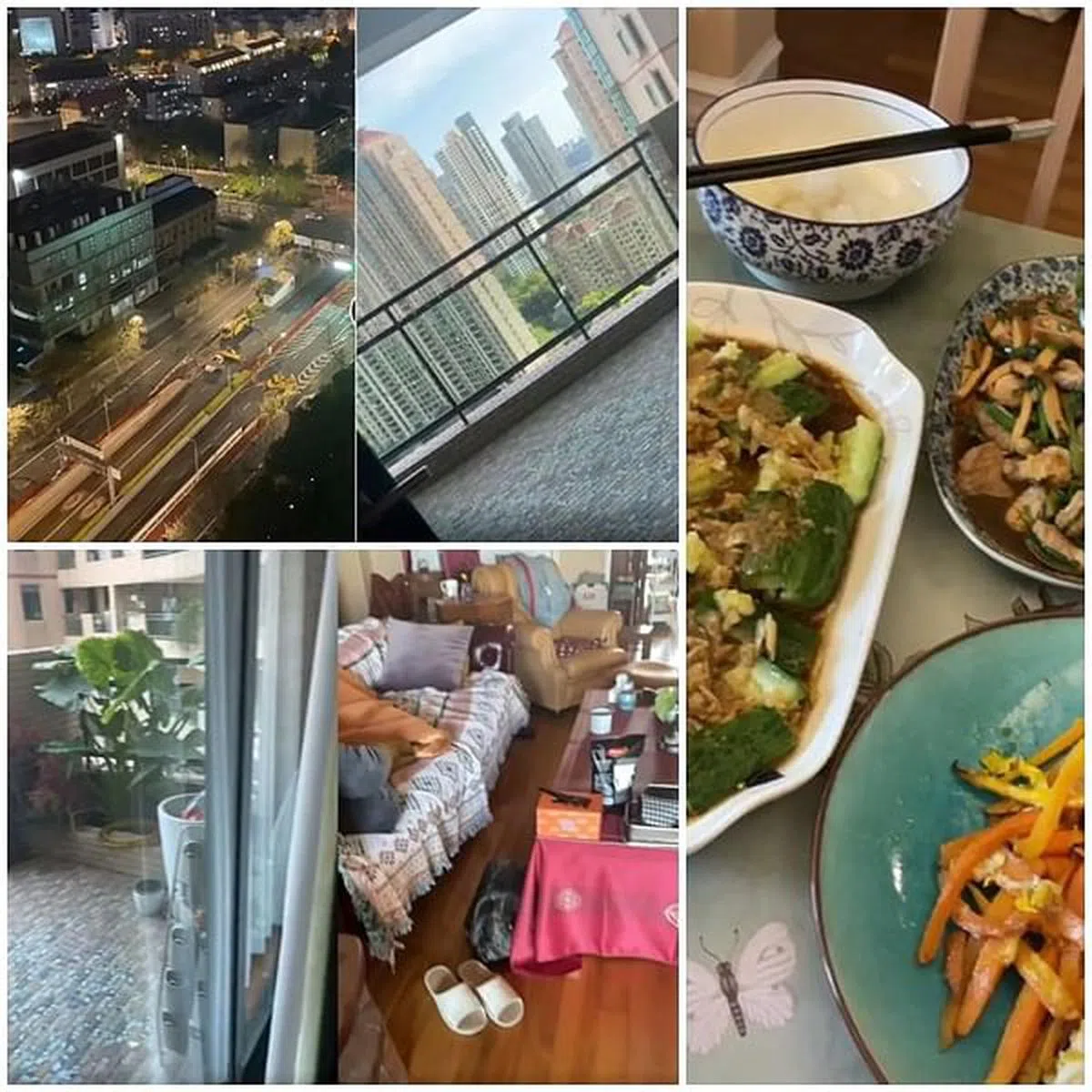 李立群在社媒分享家宅阳台视野（左上图）、房子内景、餐点菜肴。（互联网）