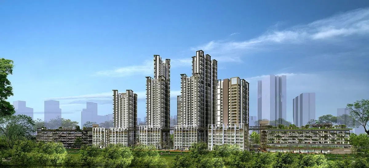 女皇镇Queensway Canopy与绿意盎然的铁道走廊相邻，五座组屋介于6层至40层楼高，加上精心设计的朝向，更多居民能够享有自然景观。（建屋局构想图）