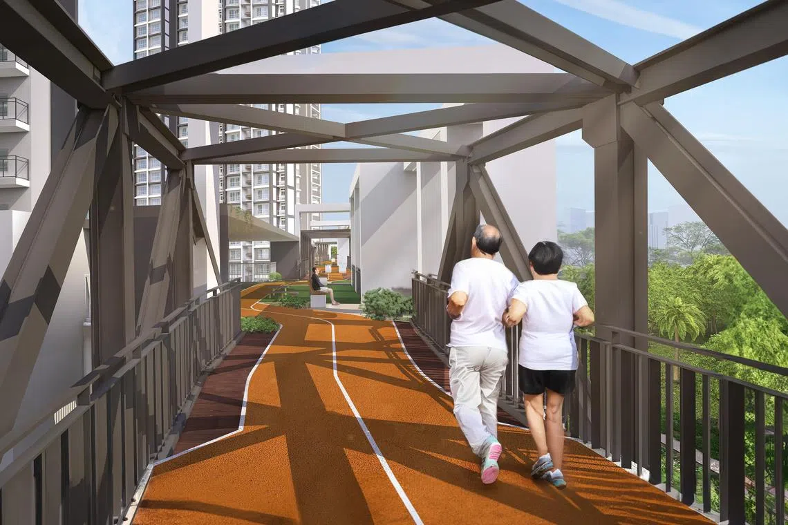 公众可在Queensway Canopy的800米长环式天篷走道上晨运，俯瞰铁道走廊。（建屋局构想图）