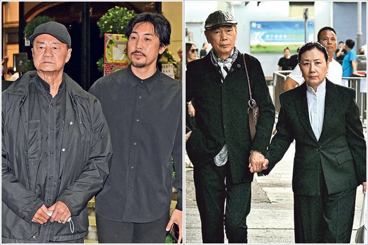 狄龙（左图左）与儿子谭俊彦（左图右）步出殡仪馆时神情哀伤。罗家英（右图左）与汪明荃（右图右）一起出席唐佳和雪妮的丧礼。（互联网）