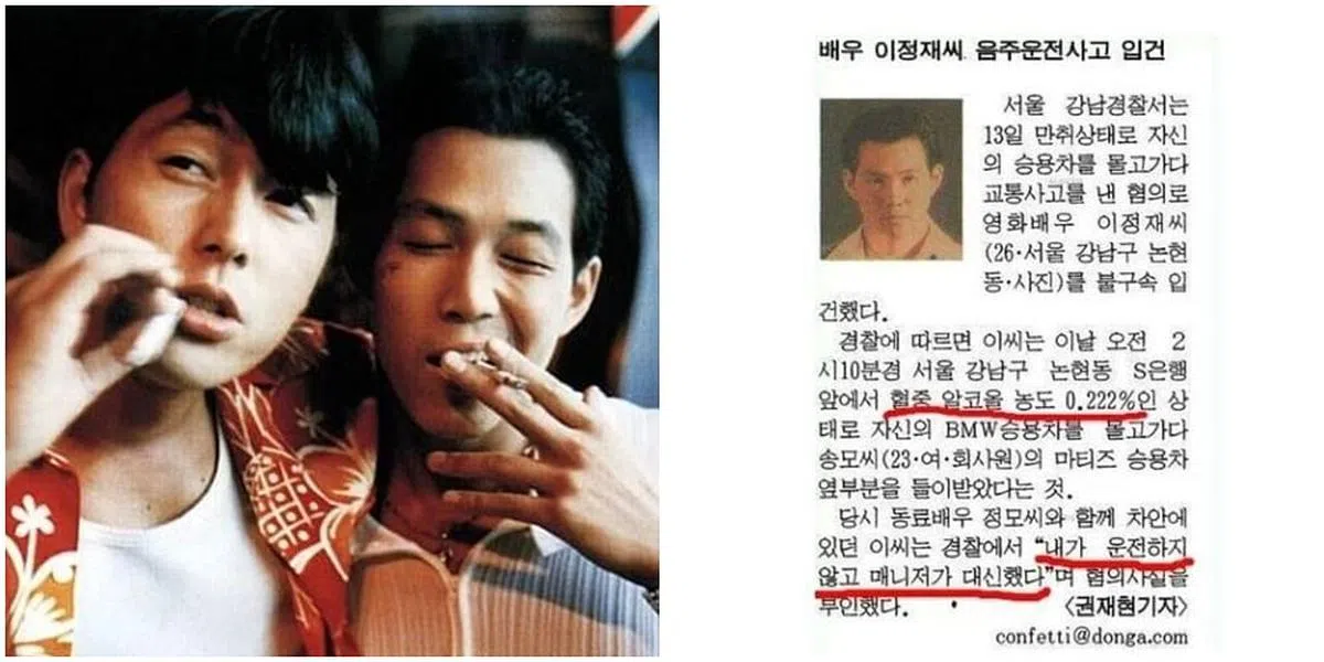 李政宰与郑雨盛（左图左）因合作电影《没有太阳》成为好友，而李政宰在1999年被爆出酒驾时，车内也坐着好友郑雨盛。（图/互联网）