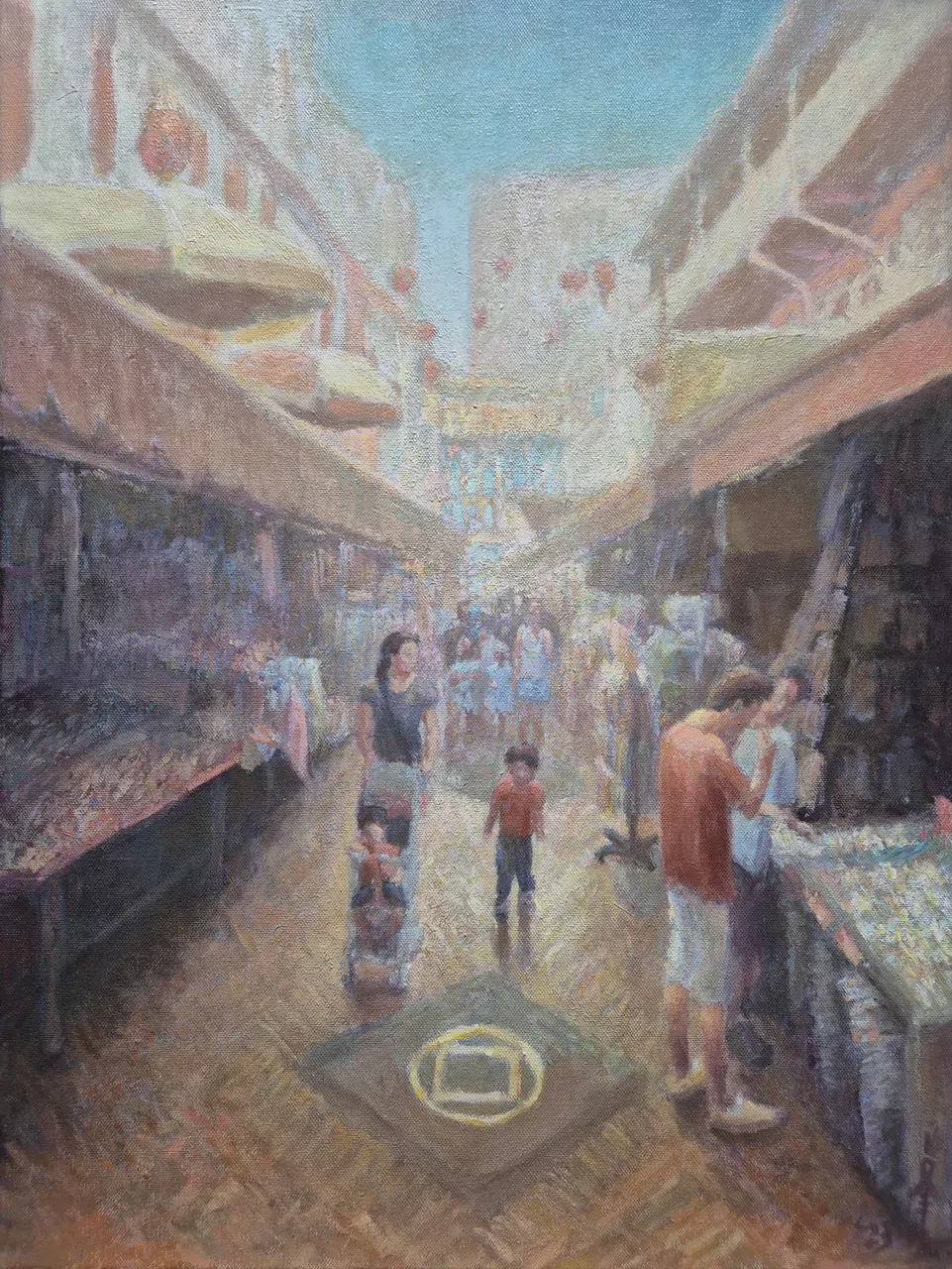 胡文峰以牛车水为主题的油画作品。（VAC画廊与工作室提供）