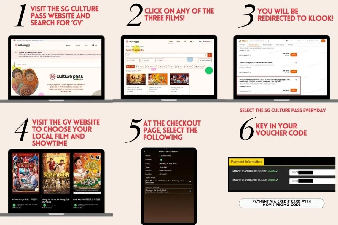 读者可登录新加坡文化通行证网站，利用储值购买嘉华院线的16元“SG Culture Pass Everyday Movie”电子电影券。（嘉华院线提供）