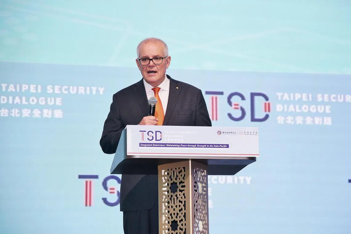 澳大利亚前总理莫里森（图）10月8日在台北出席研讨会时警告，中国大陆“2027备战目标”确实存在。（台湾国防安全研究院提供）