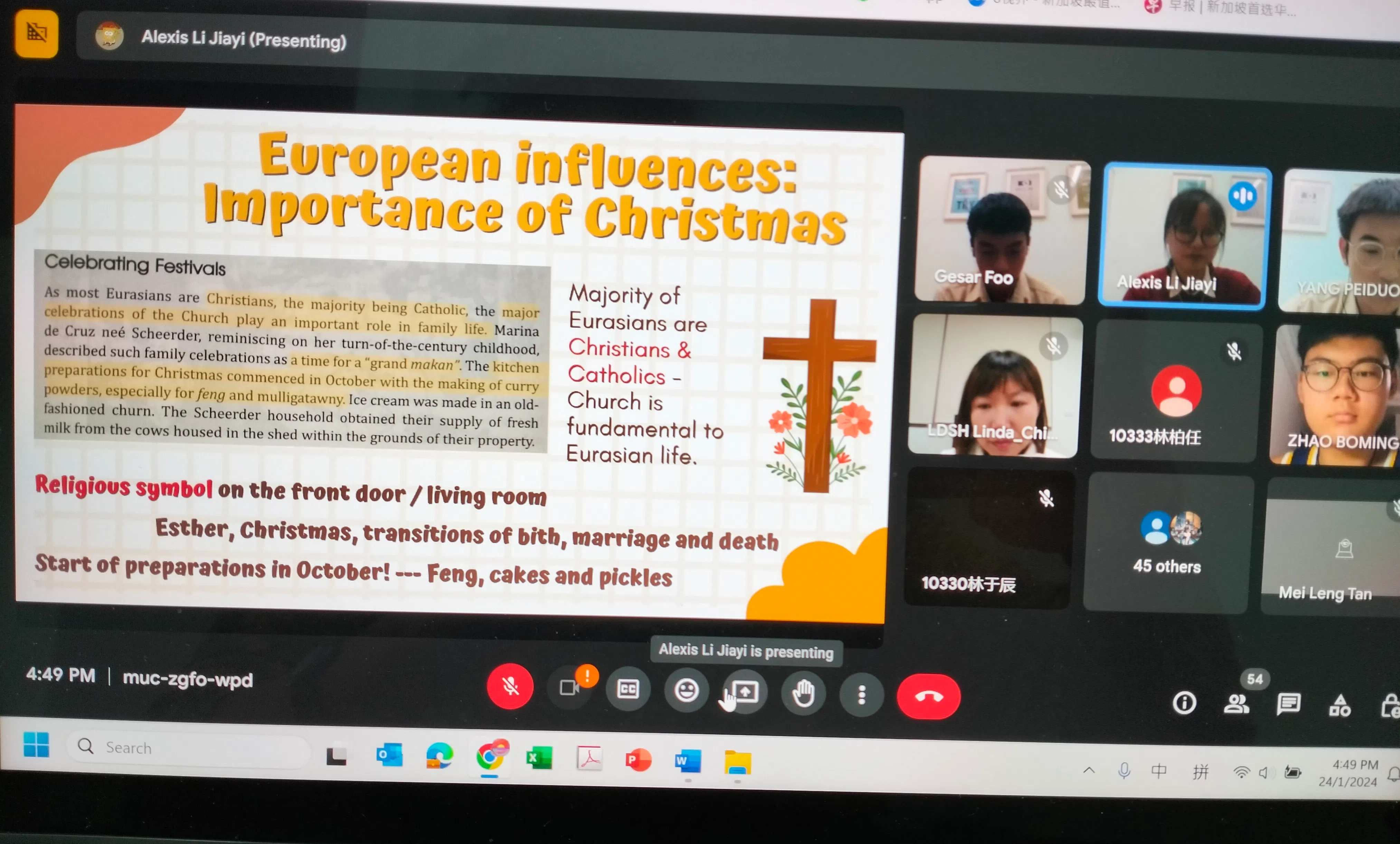 华中学生李嘉仪把欧亚裔群体的节庆饮食习惯，和本地的文化、历史、经济与政治等联系在一起探索。（华侨中学提供）