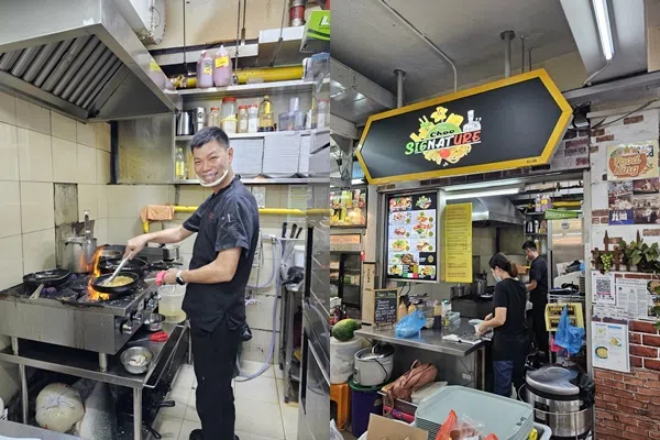 曾经是酒店厨师的朱兆良（左图），结合中西餐的烹饪经验，在熟食中心创业开档。（黄亿敏摄）