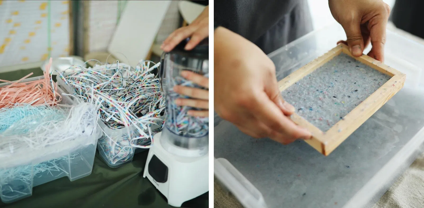 纸屑泡水后放入食物处理机拌打成纸浆，铺在模具上，就能做出手工纸。（Print N Matters提供）