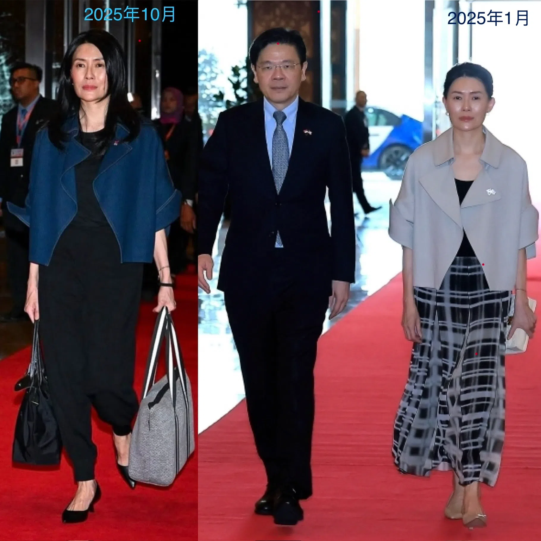 总理夫人相隔10个月，穿了In Good Company不同颜色的同款外套，随同总理到马来西亚出席国事活动。（互联网，合成图）
