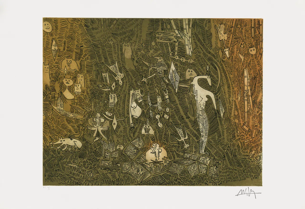 林飞龙晚年版画作品《无题》（1980），融合欧洲超现实主义、立体主义技法与非裔古巴民俗仪式。（巴黎林飞龙遗产提供）