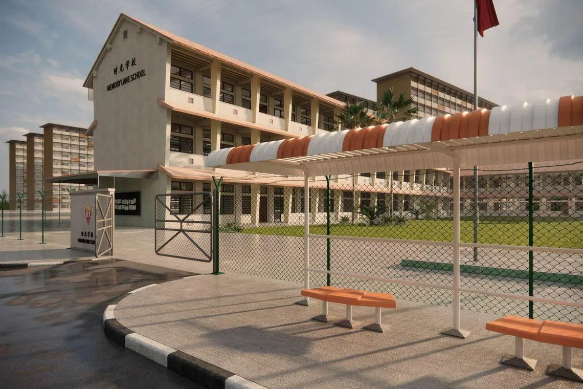 “校园时光机”特展呈现一个仿照上世纪六七十年代校园打造的虚拟空间，观众可“走进”教室、礼堂、操场、教员办公室与校门口五大场景。图为校门口画面。（UNIGONS团队提供）