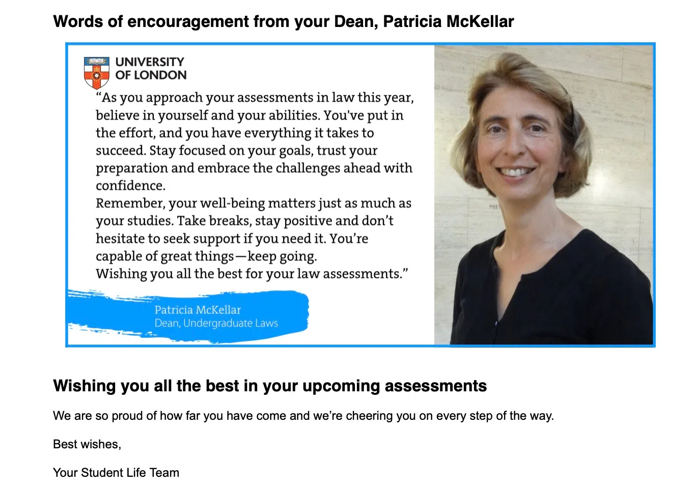 系主任为我们发来考前祝福：“相信自己，迎接挑战。你的努力，终将带来收获。”（作者学校邮箱截图）