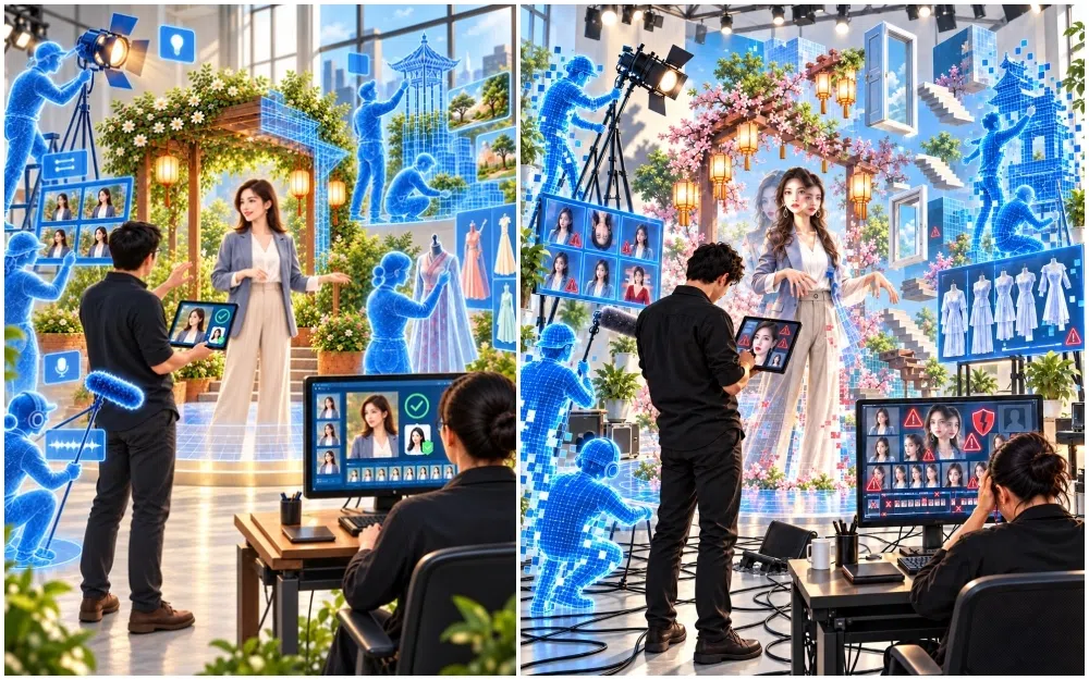 记者以AI生成影视制作画面，呈现“善用AI”（左图）与“AI越帮越忙”两种情境，邀读者“找不同”。单是让两张图达到勉强入眼的程度，已耗费不少时间；影视工作者若以AI创作，再逐一把关每个细节，所需投入的时间与心力可想而知。（AI生成图）