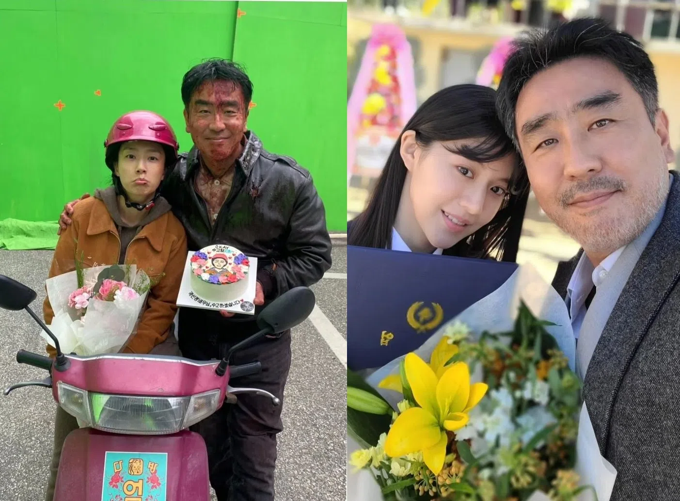 柳承龙特别为饰演妻女的郭善英（左）及高允贞准备了鲜花。（取自柳承龙IG）