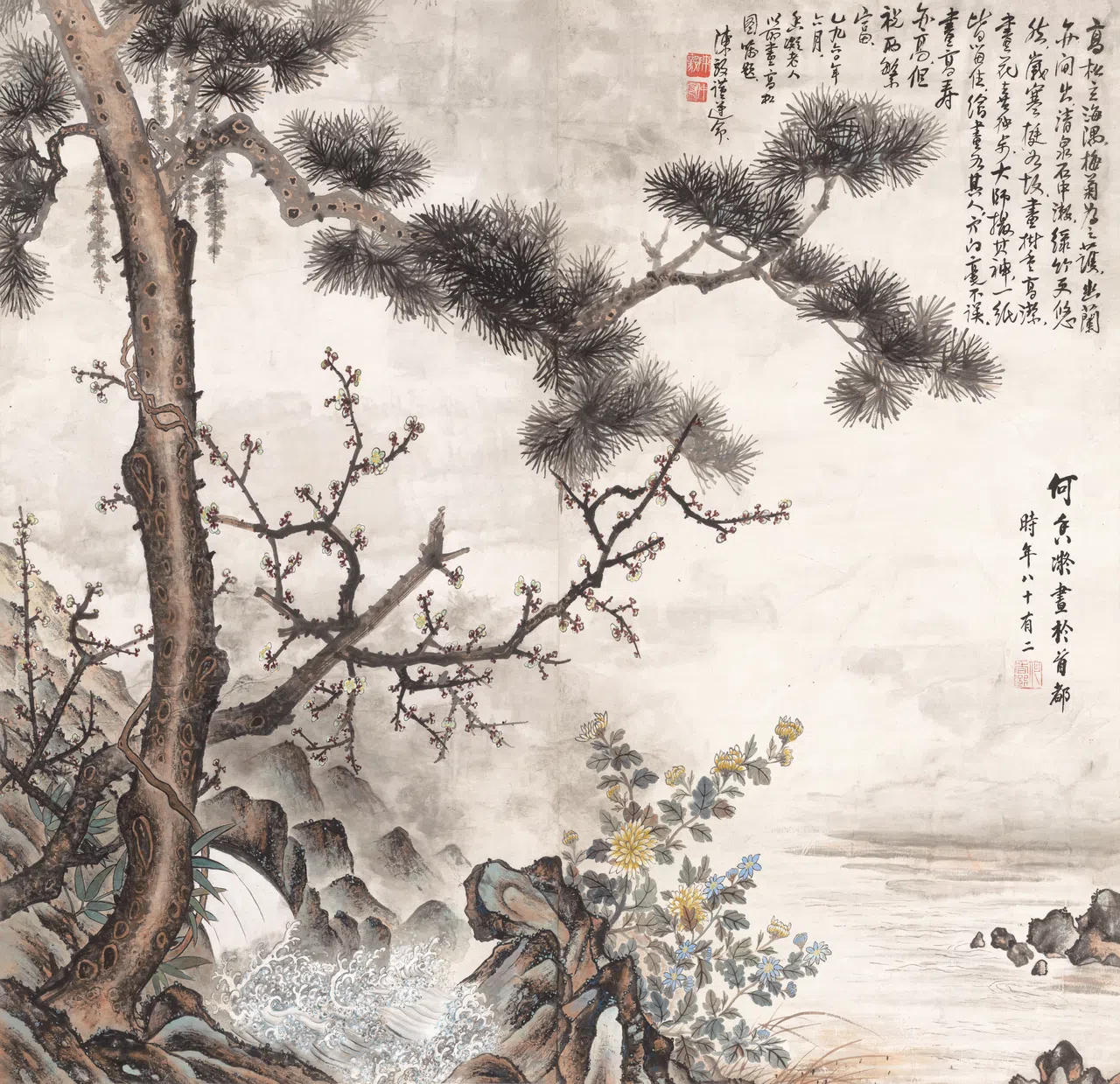 82岁何香凝所作《高松立海隅》，由时任中国国务院副总理陈毅题跋。（何香凝美术馆馆藏）