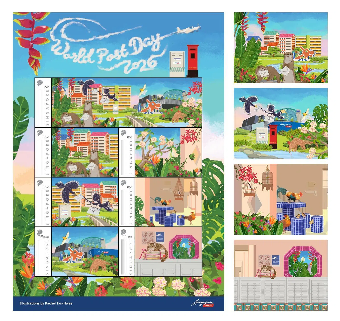 2026年世界邮政日MyStamp邮票套及明信片系列，呈现本土野生动物、植物和花卉、标志性组屋及怀旧老式游乐场。（新加坡邮政提供）