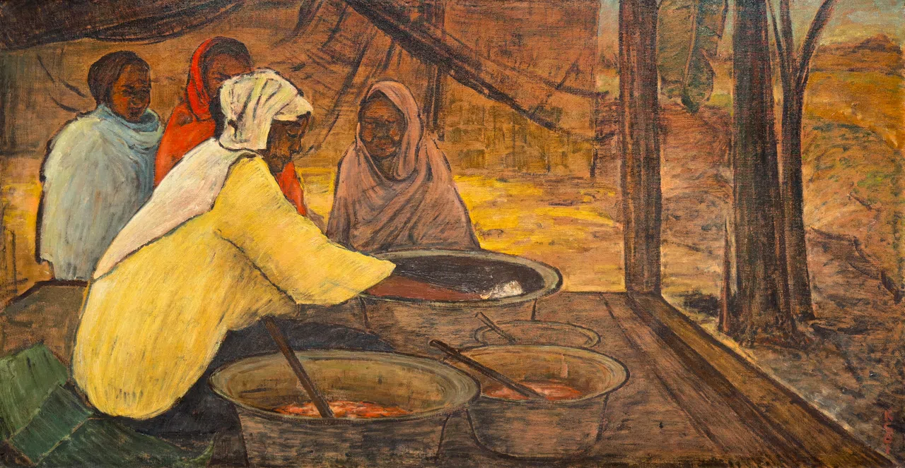 黄光彩油画《烹调的女人》。（嘉合画轩提供）