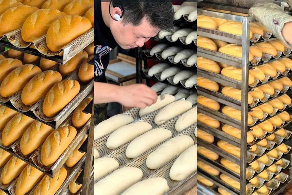 现做现烤的法棍面包出炉时，香气四溢，让人忍不住想尝一个。（陈爱薇摄）