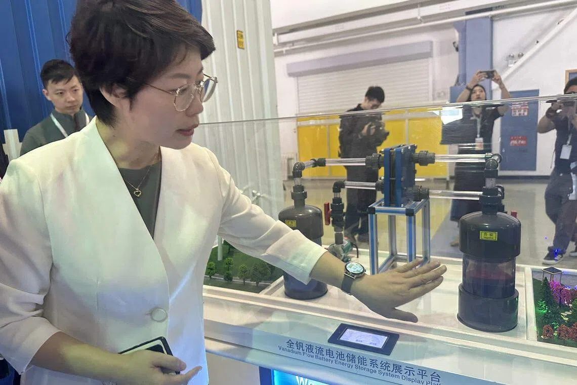 大连融科储能集团（简称大连融科）总经理王晓丽介绍，钒液流电池是在全球新能源经济兴起大背景下催生的新兴产业。（林煇智摄）
