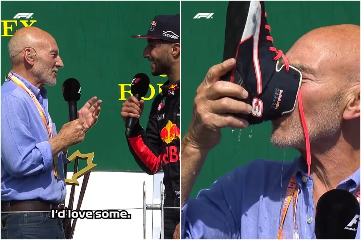 Patrick Stewart（左图左）2017年采访F1大奖赛季军Daniel Ricciardo（左图右）时，即兴从他的鞋子里喝香槟（右图）。（F1  IG视频截图）