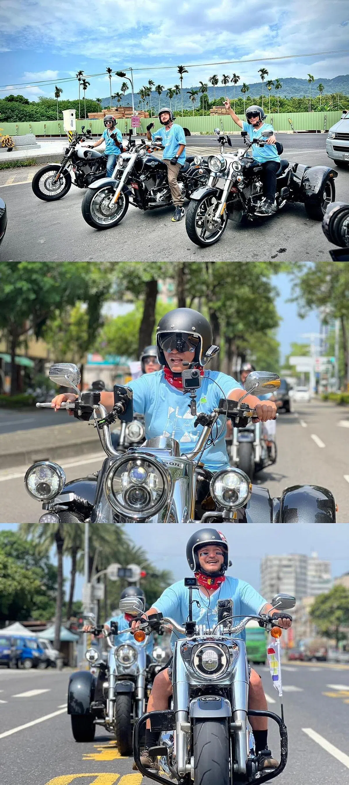 吴宗宪、KID及坤达一起挑战骑重机环台湾拍摄节目《综艺玩很大》。（图/面簿）